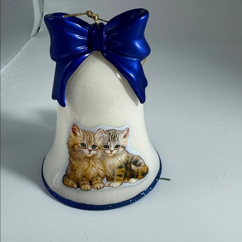 Bradford Exchange Cat Bell Christmas Ornament with Blue Bow